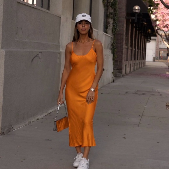 Zara dress maxi midi hot orange satin effect wedding party cocktail - Picture 2 of 16